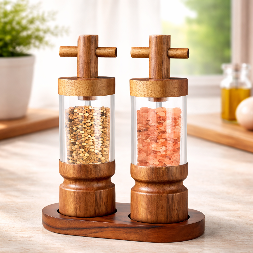 Natural Acacia Wood Salt & Pepper Grinder Set – Refillable Adjustable Spice Mill