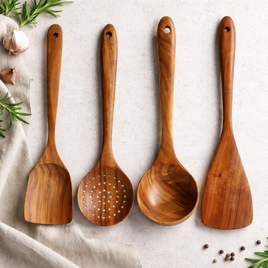 Handcrafted Teak Wood Cooking Utensils – Natural Wooden Kitchen Tool Set