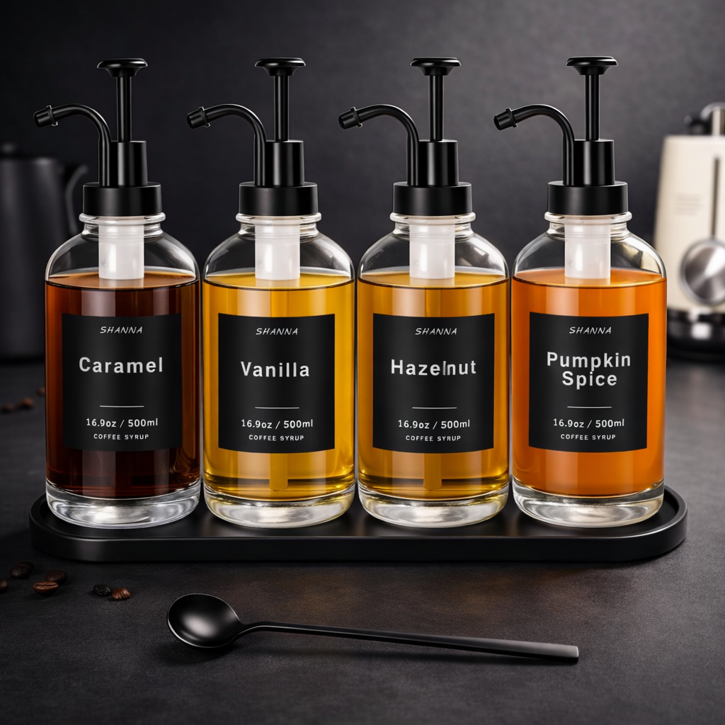 Barista Syrup Dispenser Set – 4 Glass Bottles with Pump, Tray & Labels