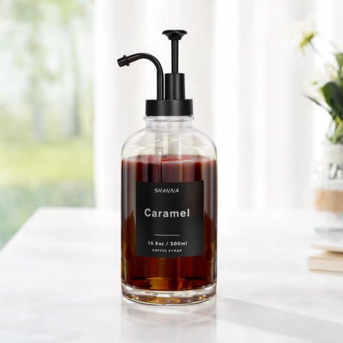 Barista Syrup Dispenser Set – 4 Glass Bottles with Pump, Tray & Labels