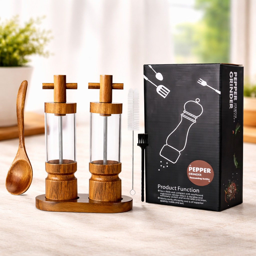 Natural Acacia Wood Salt & Pepper Grinder Set – Refillable Adjustable Spice Mill
