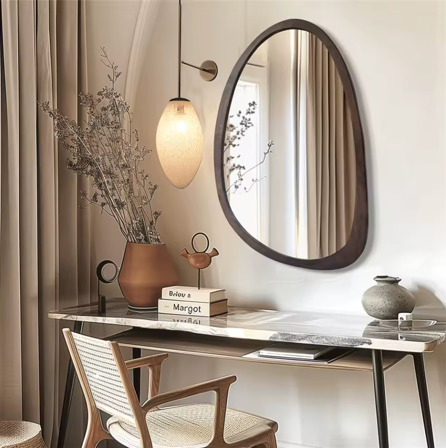 Modern Organic Shape Walnut Wall Mirror