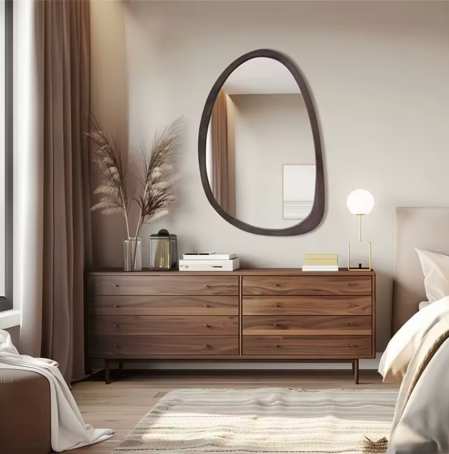 Modern Organic Shape Walnut Wall Mirror