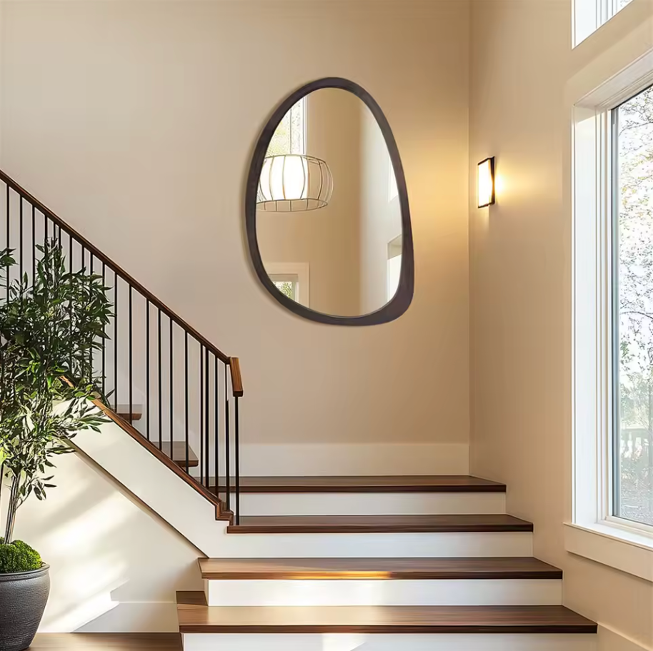 Modern Organic Shape Walnut Wall Mirror