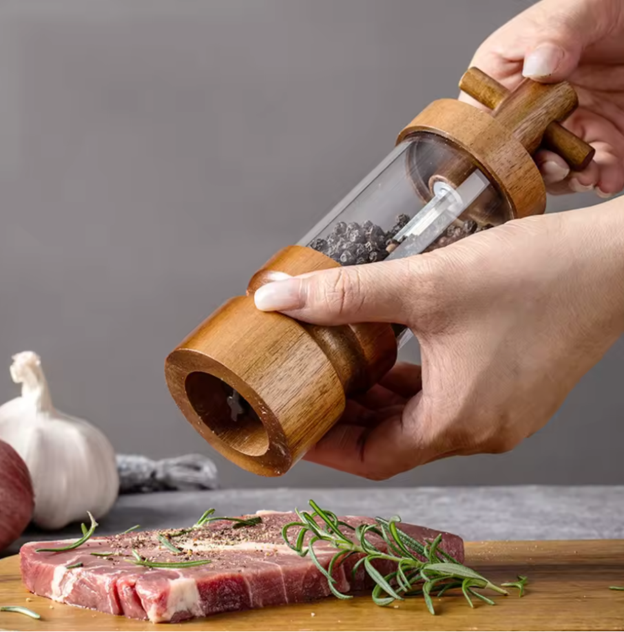 Natural Acacia Wood Salt & Pepper Grinder Set – Refillable Adjustable Spice Mill