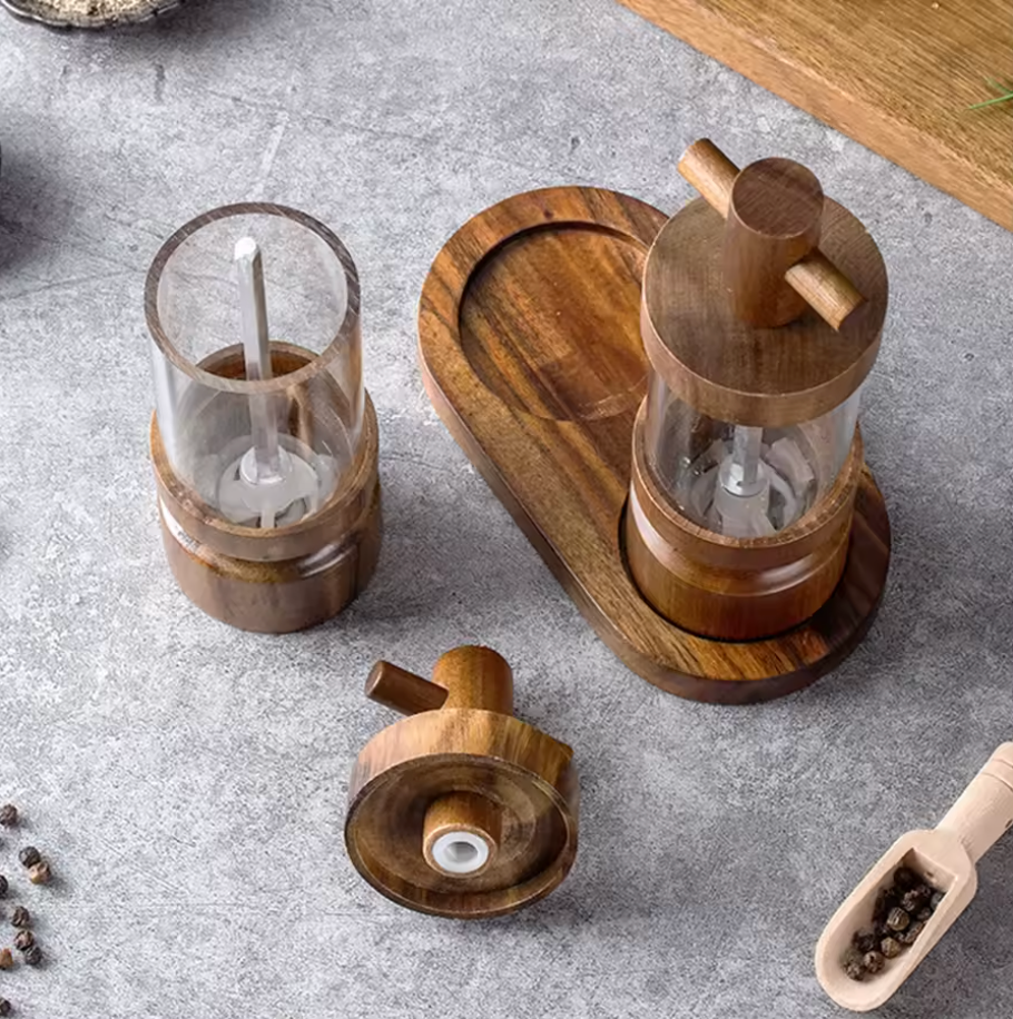 Natural Acacia Wood Salt & Pepper Grinder Set – Refillable Adjustable Spice Mill