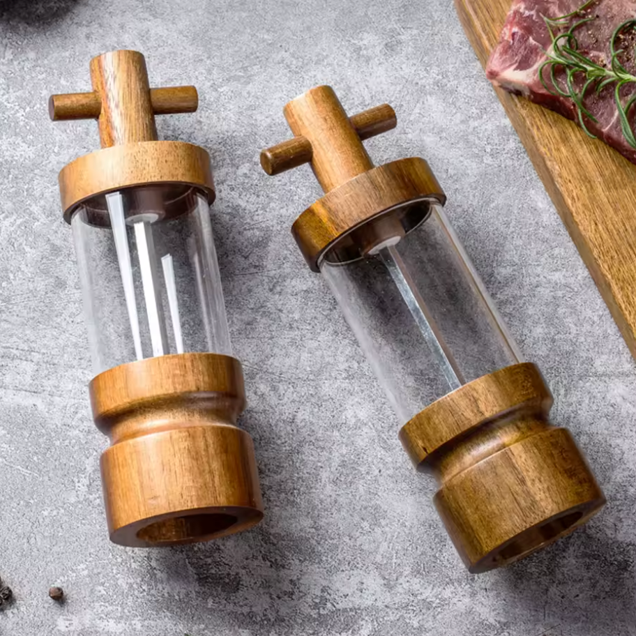 Natural Acacia Wood Salt & Pepper Grinder Set – Refillable Adjustable Spice Mill