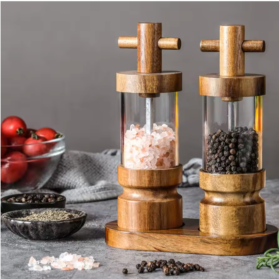 Natural Acacia Wood Salt & Pepper Grinder Set – Refillable Adjustable Spice Mill
