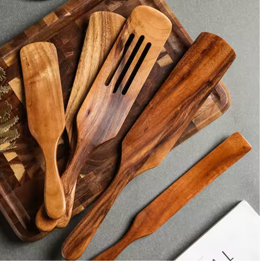 Handcrafted Teak Wood Cooking Utensils – Natural Wooden Kitchen Tool Set