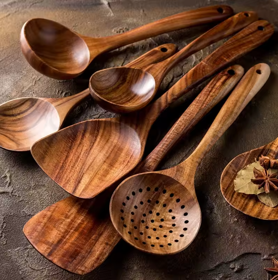 Handcrafted Teak Wood Cooking Utensils – Natural Wooden Kitchen Tool Set