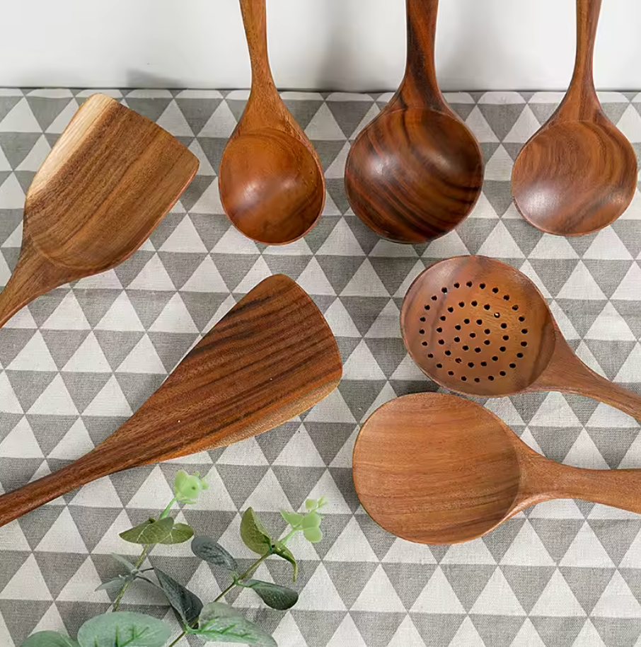 Handcrafted Teak Wood Cooking Utensils – Natural Wooden Kitchen Tool Set