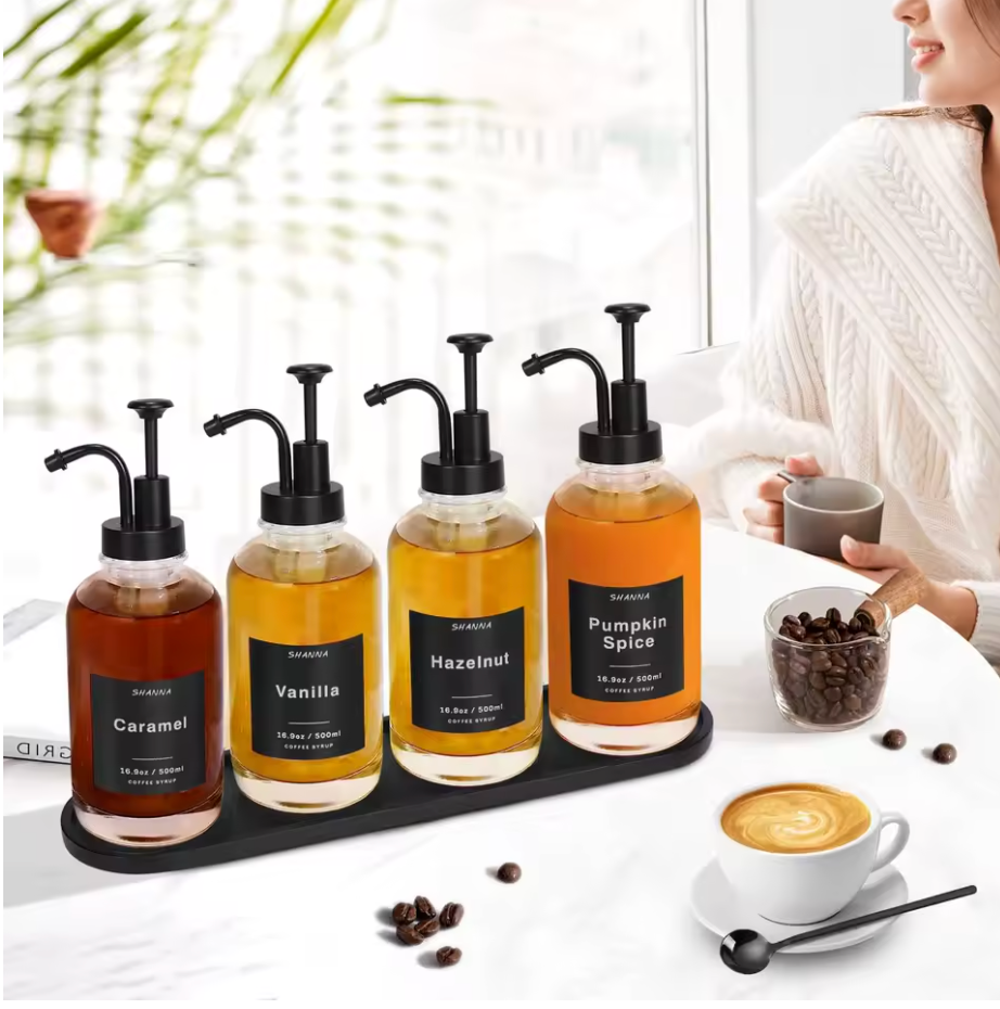 Barista Syrup Dispenser Set – 4 Glass Bottles with Pump, Tray & Labels
