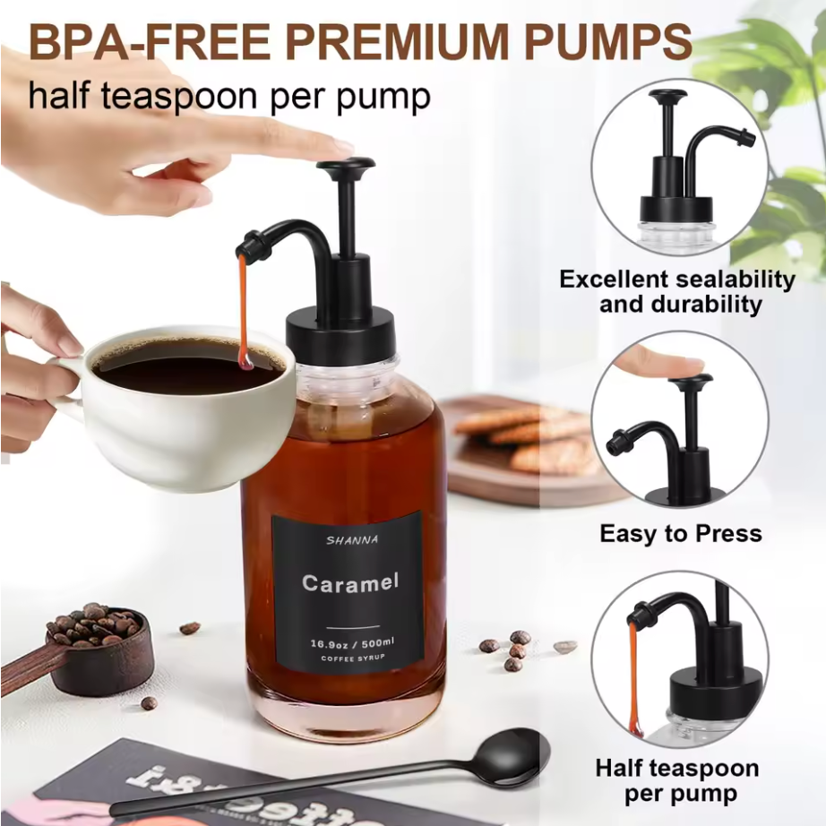 Barista Syrup Dispenser Set – 4 Glass Bottles with Pump, Tray & Labels