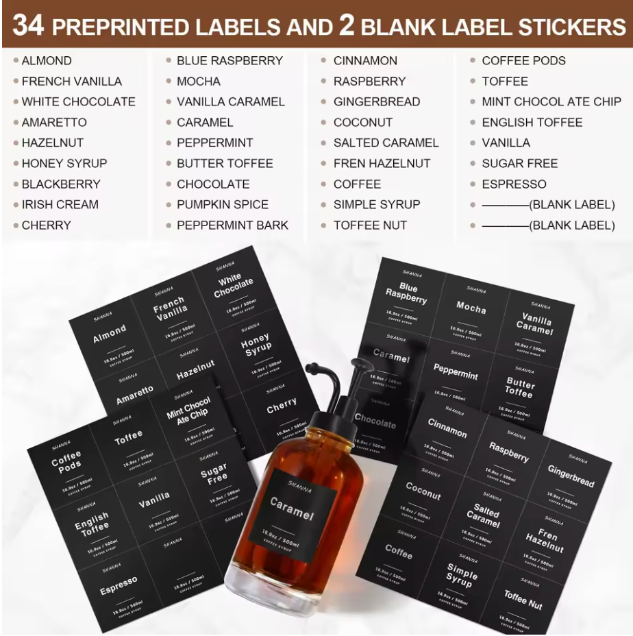 Barista Syrup Dispenser Set – 4 Glass Bottles with Pump, Tray & Labels